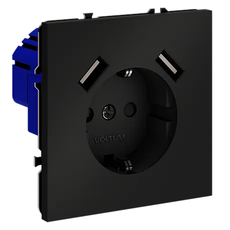 Розетка встраиваемая VOLTUM S70 с заземлением и защитными шторками, 16А, с USB, A+A, (черный матовый