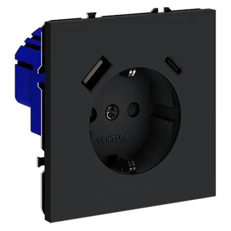 Розетка встраиваемая VOLTUM S70 с заземлением и защитными шторками, 16А, с USB, A+С, (графит)
