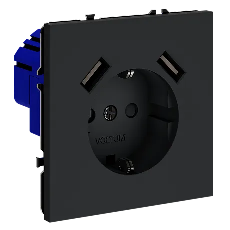 Розетка встраиваемая VOLTUM S70 с заземлением и защитными шторками, 16А, с USB, A+A, (графит)