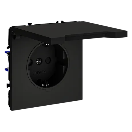 Розетка встраиваемая VOLTUM S70 с заземлением, защитными шторками и крышкой 16А, (черный матовый)