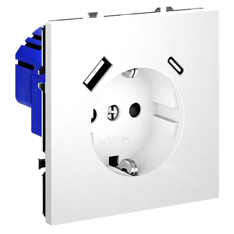 Розетка встраиваемая VOLTUM S70 с заземлением и защитными шторками, 16А, с USB, A+С, (белый матовый)