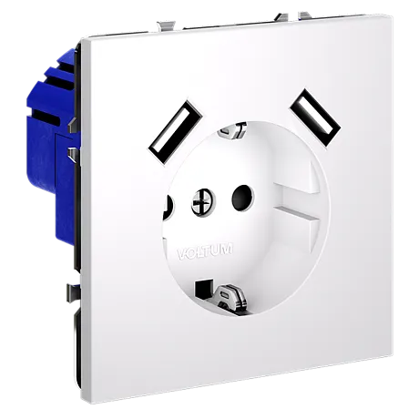 Розетка встраиваемая VOLTUM S70 с заземлением и защитными шторками, 16А, с USB, A+A, (белый матовый)