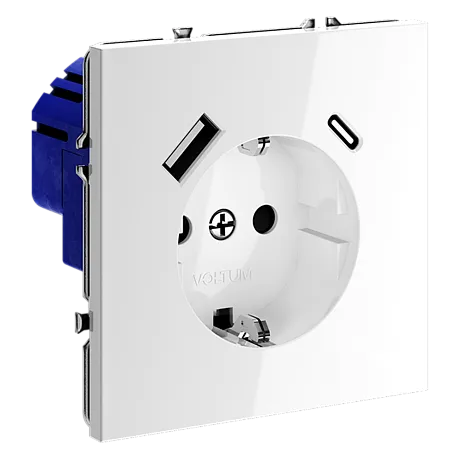 Розетка встраиваемая VOLTUM S70 с заземлением и защитными шторками, 16А, с USB, A+С, (белый глянцевы