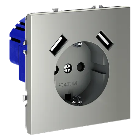 Розетка встраиваемая VOLTUM S70 с заземлением и защитными шторками, 16А, с USB, A+A, (сталь)