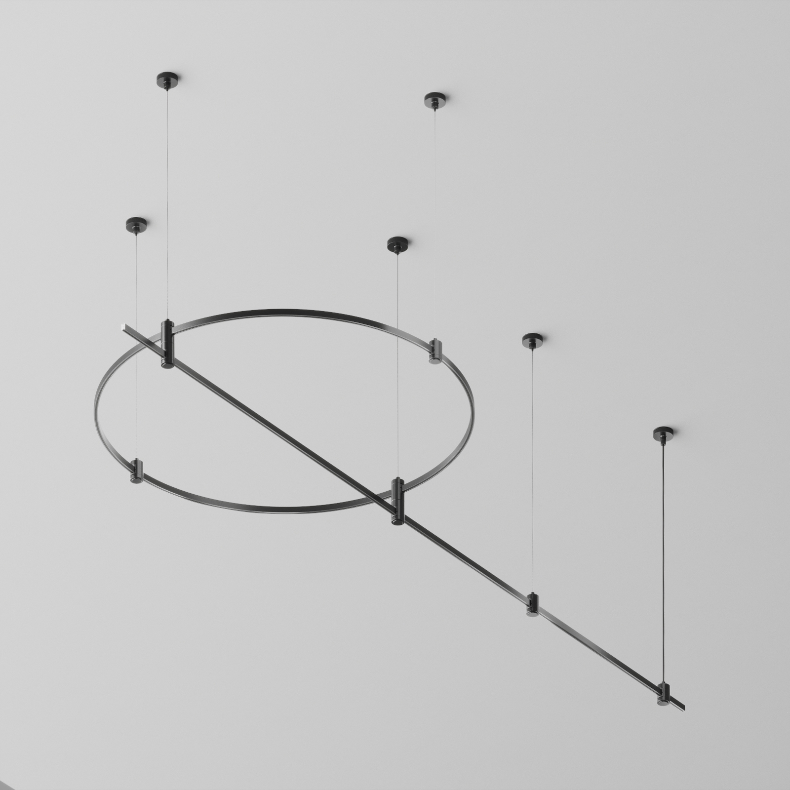 Готовая конструкция круглая + прямая двухуровневая на тросовых подвесах Hang без светильников и блока питания, черный