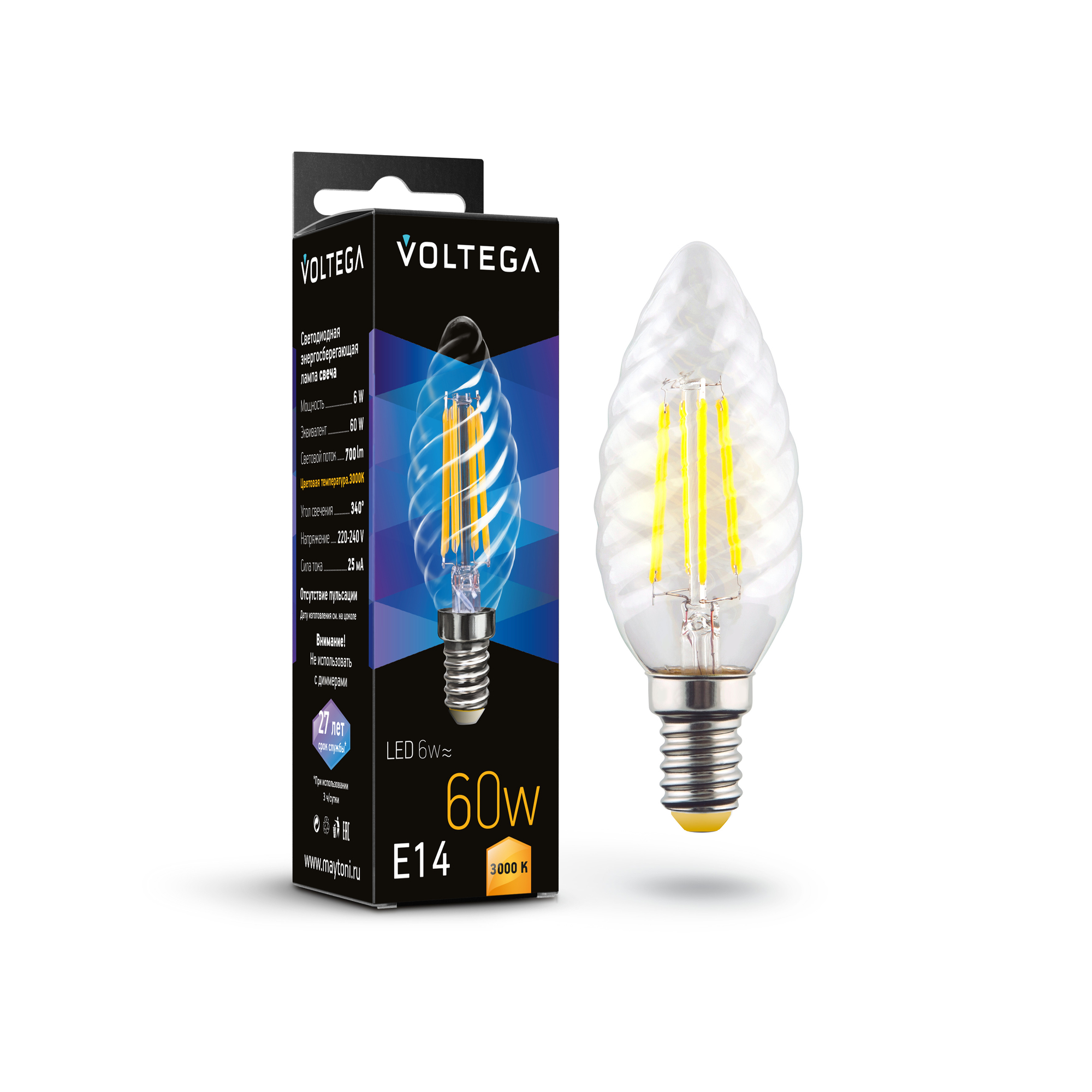 Светодиодная лампа филамент свеча витая 6Вт 3000K E14 340°